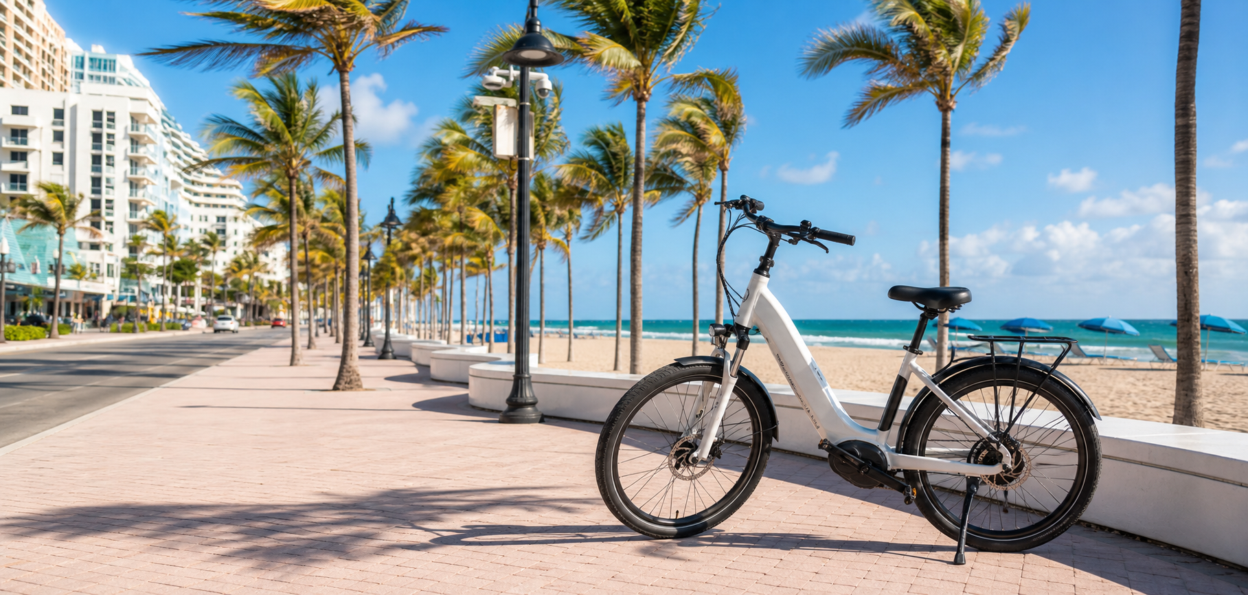 A premium electric bike parked on the Fort Lauderdale beach promenade.